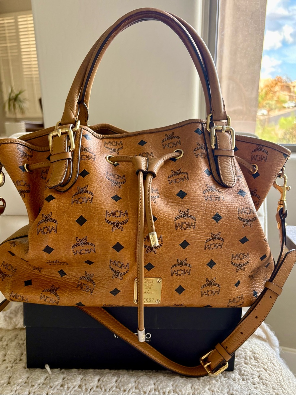 Gorgeous MCM Cognac Visetos Drawstring Shoulder Leather Bag with Gold Hardware - Picture 3 of 13